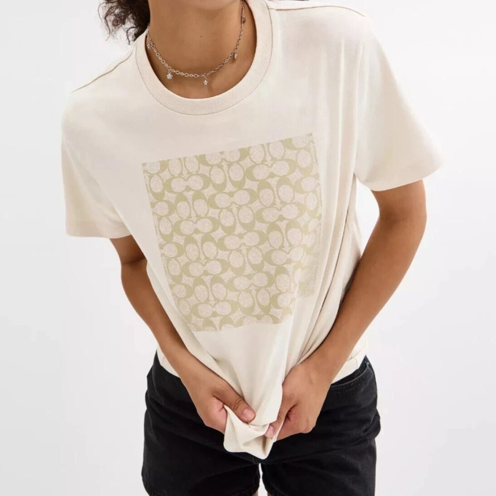 Coach Cream & Gold Logo Printed Front Tee
